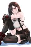  1girl arm_on_knee bangs belt black_belt black_gloves black_hair black_skirt black_thighhighs blush breasts butcha-u commentary_request crop_top dangle_earrings earrings elbow_pads final_fantasy final_fantasy_vii final_fantasy_vii_remake fingerless_gloves gloves highres jewelry knee_up large_breasts long_hair looking_at_viewer miniskirt pencil_skirt red_eyes red_footwear revision shirt simple_background sitting skirt smile solo suspender_skirt suspenders suspenders_gap swept_bangs tank_top taut_clothes taut_shirt thighhighs tifa_lockhart white_background white_tank_top zettai_ryouiki 
