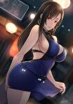  1girl bare_shoulders black_hair blue_dress blue_nails breasts butcha-u cleavage commentary_request crescent crescent_earrings dress earrings final_fantasy final_fantasy_vii final_fantasy_vii_remake highres jewelry lace_trim large_breasts long_hair looking_at_viewer low-tied_long_hair night outdoors red_eyes revision short_dress sideboob sleeveless sleeveless_dress solo taut_clothes taut_dress thighs tifa_lockhart 