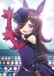  1girl :d animal_ears bangs bare_shoulders black_headwear brown_hair commentary_request hair_over_one_eye horse_ears light_blush long_hair long_sleeves looking_at_viewer one_eye_covered open_mouth paw_pose purple_eyes rice_shower_(umamusume) signature smile solo tilted_headwear umamusume yukino_minato 