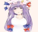  1girl alternate_costume blue_bow blue_ribbon bow collarbone crescent crescent_hat_ornament hair_bow half-closed_eyes hat hat_ornament long_hair mob_cap nanana_(chicken_union) patchouli_knowledge purple_eyes purple_hair red_bow ribbon solo touhou 