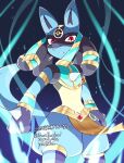  1boy absurdres aura commentary_request egyptian_clothes furry geppei_motimaru highres jewelry looking_at_viewer lucario no_humans pokemon pokemon_(creature) red_eyes simple_background solo spikes standing teeth 