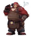  2022 anthro apron biped clothed clothing hammer hi_res humanoid_hands kemono male mammal overweight overweight_male red_body simple_background solo tools uken_l ursid 