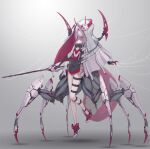  1girl absurdres arthropod_girl bangs breasts choker cleavage clothing_cutout collarbone dress extra_legs full_body gloves high_heels highres hood horns long_hair mecha_musume mechanical_legs navel navel_cutout oota_youjo original pink_eyes purple_hair small_breasts solo spider_girl thigh_strap 