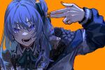  1girl ascot belt blue_ascot blue_eyes blue_hair buttons earrings finger_gun finger_gun_to_head hair_between_eyes hair_ribbon highres hololive hoshimachi_suisei jewelry long_sleeves looking_at_viewer mirai99 neck_ribbon open_mouth orange_background orange_nails pointing pointing_at_self ribbon side_ponytail solo star_(symbol) star_in_eye symbol_in_eye teeth virtual_youtuber zipper 