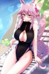  1girl animal_ear_fluff animal_ears bangs beach_chair black_one-piece_swimsuit blush bow breasts cup drinking_glass fate/grand_order fate_(series) fox_ears fox_girl fox_tail glasses hair_between_eyes hair_bow highleg highleg_swimsuit highres koyanskaya_(fate) large_breasts long_hair looking_at_viewer one-piece_swimsuit pink_bow pink_hair ponytail sidelocks sitting smile solo swimsuit tail tamamo_(fate) thighs turtleneck turtleneck_swimsuit yellow_eyes yumeneko_nyaa 