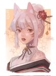  1girl alternate_hairstyle animal_ear_fluff animal_ears bangs bell black_kimono black_ribbon extra_ears facial_mark flower forehead_mark fox_ears fox_girl grey_hair hair_behind_ear hair_flower hair_ornament hair_stick highres japanese_clothes khux_wa_na kimono looking_at_viewer mole mole_under_eye neck_bell neck_ribbon nijisanji nijisanji_en nina_kosaka off_shoulder parted_lips portrait red_eyes red_flower red_ribbon ribbon solo 