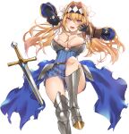  1girl armor blonde_hair blue_eyes blush breasts flower gauntlets greaves hair_flower hair_intakes hair_ornament headband highres knight long_hair looking_at_viewer open_mouth original shindou_(fuguri) solo sweat sword torn_clothes weapon 