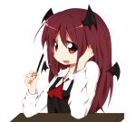  1girl :d bat_wings detached_wings dress_shirt eyes_visible_through_hair food head_wings koakuma long_hair looking_at_viewer mini_wings nanana_(chicken_union) open_mouth pocky red_eyes red_hair shirt smile solo touhou wings 