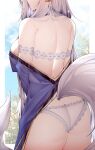  1girl absurdres ass azur_lane back bare_back bra_strap fox_girl fox_tail from_behind head_out_of_frame highres japanese_clothes kimono kitsune lace-trimmed_panties lace_trim large_tail long_hair off_shoulder out_of_frame panties samip shinano_(azur_lane) tail underwear very_long_hair white_hair white_tail 