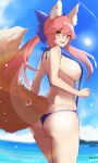  1girl absurdres animal_ear_fluff animal_ears ass awzz6f bikini black_one-piece_swimsuit blue_bow blue_ribbon blush bow breasts fang fate/extra fate/grand_order fate_(series) fox_ears fox_girl fox_tail highres large_breasts long_hair looking_at_viewer nature ocean open_mouth outdoors pink_hair ribbon sideboob signature slingshot slingshot_swimsuit solo split_ponytail swimsuit tail tamamo_(fate) tamamo_no_mae_(fate/extra) yellow_eyes zanshomimai 