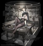  animal_ears bar billiards black_hair bottle bridal_gauntlets card copyright_name cue_stick cup d._(ddot2018) desk detached_collar drinking_glass eyepatch fake_animal_ears high_heels highres iron_saga knees_up leotard on_desk pantyhose playboy_bunny playing_card serenity_(iron_saga) side-tie_leotard sitting sitting_on_desk twintails wine_bottle wine_glass 