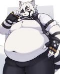  2022 absurd_res anthro belly big_belly black_nose bottomwear canid canine canis clothing grey_body hi_res humanoid_hands kemono male mammal mihoyo moobs navel obese obese_male overweight overweight_male pants solo taka_fin9623 von_lycaon wolf zenless_zone_zero 