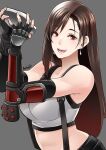  1girl :d arms_up bangs bare_shoulders breasts brown_hair butcha-u cocktail_shaker commentary_request crop_top earrings elbow_gloves final_fantasy final_fantasy_vii fingerless_gloves gloves grey_background happy highres holding_shaker jewelry large_breasts long_hair looking_at_viewer midriff open_mouth red_eyes revision signature simple_background smile solo suspenders tactical_clothes tank_top teeth tifa_lockhart upper_body white_tank_top 