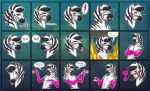  &lt;3 armwear blue_eyes blush clothing dialogue elbow_gloves english_text equid equine exclamation_point fingerless_elbow_gloves fingerless_gloves fire gloves handwear hi_res kaeldu mammal meme pink_clothing pink_latex quillu shrug sticker text this_is_fine tongue tongue_out unamused zebra 