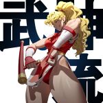  1girl background_text blonde_hair final_fight genryuusai_maki grin highres holding holding_weapon japanese_clothes long_hair loped muscular muscular_female ponytail smile solo standing thighs toned tonfa weapon 