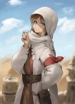  1girl absurdres aqua_eyes blonde_hair cloak cotta_(heleif) desert dress earrings highres hood hood_up hooded_cloak hoop_earrings jewelry leather_bag leather_belt looking_at_viewer original red_armband scarf shaded_face sky solo standing toothpick white_cloak white_dress white_scarf 