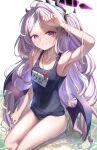  1girl absurdres arm_up armpits azuma_(sospower73) blue_archive blue_one-piece_swimsuit demon_girl demon_horns demon_wings halo highres hina_(blue_archive) hina_(swimsuit)_(blue_archive) horns light_blush long_hair looking_at_viewer low_wings purple_eyes school_swimsuit side_ponytail sitting smile solo swimsuit very_long_hair water whistle whistle_around_neck white_hair wings 