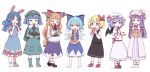 6+girls absurdres ahoge alcohol animal_ears back_bow bag bangs bare_shoulders barefoot belt black_footwear black_skirt black_vest blonde_hair blue_bow blue_dress blue_eyes blue_footwear blue_hair blue_ribbon blush_stickers boots bottle bow bowl bowtie chips_(food) cirno closed_eyes closed_mouth collared_dress collared_shirt commentary_request crescent crescent_hat_ornament crescent_print crossed_bangs cucumber double_bun dress eating fang food food_on_clothes food_on_face fork full_body green_bag green_headwear grey_belt grey_shirt grey_socks hair_between_eyes hair_bobbles hair_bow hair_bun hair_ornament hat hat_ornament hat_ribbon highres horns ibuki_suika ice ice_wings kame_(kamepan44231) kawashiro_nitori ketchup long_hair looking_at_viewer looking_to_the_side meat medium_hair mob_cap mochi multiple_girls no_shoes open_clothes open_dress open_mouth orange_hair package pasta patchouli_knowledge pink_belt pink_bow pink_dress pink_headwear pink_ribbon plate pocket puffy_short_sleeves puffy_sleeves purple_dress purple_eyes purple_hair purple_ribbon purple_skirt rabbit_ears rabbit_tail red_bow red_bowtie red_eyes red_footwear red_ribbon remilia_scarlet ribbon rumia seiran_(touhou) shirt shoes short_sleeves short_twintails simple_background skirt sleeveless sleeveless_shirt smile socks spaghetti standing star_(symbol) star_print striped striped_dress tail touhou twintails vegetable vest white_background white_dress white_headwear white_shirt white_socks wings wrist_cuffs 