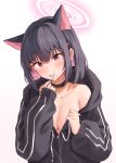  1girl absurdres animal_ears bangs black_choker black_hair black_jacket blue_archive blush breasts cat_ears choker cleavage colored_inner_hair commentary drawstring extra_ears gradient gradient_background hair_ornament hairclip halo highres hinen hood hoodie jacket kazusa_(blue_archive) long_sleeves looking_at_viewer medium_breasts multicolored_hair naked_hoodie partially_unzipped pendant_choker pink_hair raised_eyebrows red_eyes short_hair sidelocks single_bare_shoulder solo streaked_hair upper_body utensil_in_mouth 
