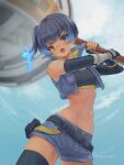  1girl blue_hair brown_hair chest_jewel fiery_hair glowing_lines hammer highres holding holding_hammer leggings navel remaco sena_(xenoblade) short_shorts shorts shoulder_strap solo sports_bra xenoblade_chronicles_(series) xenoblade_chronicles_3 