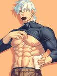  1boy abs bangs bara black_shirt blue_eyes brown_pants clothes_lift cookie cup fate/grand_order fate_(series) food food_in_mouth holding holding_cup large_pectorals looking_at_viewer male_focus male_underwear male_underwear_peek milk muscular muscular_male orange_background oreo pants pectorals percival_(fate) shirt shirt_lift short_hair solo turtleneck underwear white_hair yaekaidou 