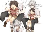  2boys aged_down blood brown_hair brown_shorts closed_eyes grey_eyes grey_hair ikari_shinji male_child male_focus missing_tooth multiple_boys nagisa_kaworu neon_genesis_evangelion nosebleed open_mouth saba_miso shirt shorts smile striped striped_shirt translation_request 