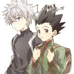  2boys :o backpack bag black_hair brown_eyes frown gon_freecss grey_eyes grey_hair hunter_x_hunter killua_zoldyck male_focus multiple_boys saba_miso spiked_hair translation_request turtleneck 