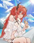  1girl :o absurdres arknights bare_shoulders blue_sky breasts cleavage criss-cross_halter day detached_sleeves feet_out_of_frame food hair_intakes hair_rings halterneck hammock highres holding holding_food horns ice_cream light_rays long_hair long_sleeves looking_at_viewer medium_breasts navel ocean official_alternate_costume open_mouth outdoors pota_douzhi purple_eyes red_hair sitting sky solo sun sunbeam sunlight surtr_(arknights) surtr_(colorful_wonderland)_(arknights) swimsuit_cover-up thigh_strap very_long_hair 