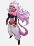 1girl android_21 bare_shoulders black_sclera bracelet breasts cleavage colored_sclera colored_skin detached_sleeves dragon_ball dragon_ball_fighterz earrings full_body hair_between_eyes hoop_earrings jewelry kemachiku long_hair majin_android_21 messy_hair open_mouth pants pink_hair pink_skin pointy_ears red_eyes solo tail white_pants 