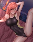  1girl arisugawa_natsuha arm_up armpits black_eyes black_one-piece_swimsuit blurry blurry_background blush breasts cityscape cleavage closed_mouth collarbone commentary commission competition_swimsuit covered_navel dutch_angle eruu_(eruuman) feet_out_of_frame glaring highleg highleg_swimsuit highres idolmaster idolmaster_shiny_colors indoors large_breasts lips long_hair looking_at_viewer night on_bed one-piece_swimsuit orange_hair paid_reward_available scowl single_hair_intake skeb_commission solo split spread_legs swimsuit thighs tokyo_tower 