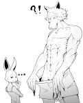  abs absurd_res anthro beastars canid canine canis clothed clothing duo female furry_bb greyscale haru_(beastars) hi_res lagomorph legoshi_(beastars) leporid low-riding male mammal monochrome muscular muscular_male pecs rabbit topless v-cut wolf 
