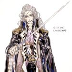  1boy bandana black_coat black_pants coat final_fantasy final_fantasy_vi highres holding holding_sword holding_weapon long_hair medal oju_(ouka) pants scar scar_across_eye setzer_gabbiani square_enix sword wavy_hair weapon white_hair 