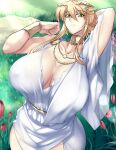  1girl absurdres bare_shoulders blonde_hair breasts character_request cleavage copyright_request covered_nipples dress flower greek_clothes green_eyes haganef hair_between_eyes highres large_breasts laurel_crown looking_at_viewer rose sidelocks solo white_dress wide_sleeves 