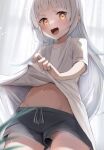  1girl :d absurdres bangs blunt_bangs blush casual collarbone grey_hair highres hime_cut hololive long_hair murasaki_shion navel open_mouth otsu_hai18 panties pantyshot shirt short_shorts shorts smile t-shirt underwear upshorts virtual_youtuber white_panties white_shirt yellow_eyes 