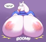  anthro big_breasts boss_monster bovid breasts caprine clothed clothing clothing_lift english_text eyewear female fimif fur glasses hi_res horn huge_breasts inverted_nipples mammal nipples shirt shirt_lift smile solo sweater text tongue tongue_out topwear toriel undertale undertale_(series) video_games white_body white_fur 