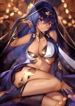  1girl arm_support bad_anatomy bangs bare_legs bare_shoulders black_nails blue_eyes blue_hair blurry blurry_background breasts candace_(genshin_impact) cleavage commentary dark-skinned_female dark_skin genshin_impact hair_between_eyes hand_up head_tilt heterochromia highres large_breasts long_hair looking_at_viewer midriff nail_polish parted_lips sitting solo squchan stomach thighlet thighs veil yellow_eyes 