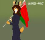  anthro antlers belarusian_flag black_antlers blue_bottomwear blue_clothing blue_pants blue_topwear bottomwear breasts brown_eyes brown_hair clothing cyrillic_text dark_pants dark_topwear famir_(artist) female flag fur grin hair holding_flag holding_object horn jackalope lagomorph long_hair looking_at_viewer mammal orange_body orange_fur pants portrait side_view simple_background small_breasts smile solo standing text three-quarter_portrait topwear translation_request white_body white_fur 