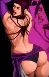  1girl arm_up artist_name ass back bangs bare_shoulders belt black_belt black_underwear commentary cone_hair_bun ear_piercing hair_bun hair_horns han_juri highres looking_at_viewer looking_back one_eye_closed open_mouth piercing purple_hair red_eyes short_hair solo street_fighter tongue_piercing wtparadise 