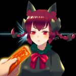  1boy 1girl :| animal_ears black_background bow braid cat_ears closed_mouth dress floating_hair giving_food glowing hair_bow highres kaenbyou_rin out_of_frame pov pov_hands red_eyes red_hair robinia_f solo_focus touhou twin_braids v-shaped_eyebrows 