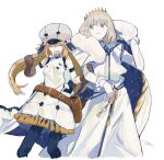  1boy 1girl ^_^ ^o^ artoria_caster_(fate) artoria_caster_(first_ascension)_(fate) artoria_pendragon_(fate) bangs bare_shoulders belt blonde_hair blue_eyes blush brown_gloves cabbie_hat cloak closed_eyes crown diamond_hairband fate/grand_order fate_(series) feet_out_of_frame frilled_sleeves frills frown fur-trimmed_cloak fur_trim gloves green_eyes grey_headwear hand_grab hat highres juliet_sleeves long_hair long_sleeves looking_at_another medium_hair no_wings oberon_(fate) official_alternate_costume open_mouth puffy_sleeves signature simple_background sleeveless smile sost_fgo tassel twintails white_background white_cloak white_hair 