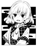  1341398tkrtr 1girl ascot bags_under_eyes bangs commentary_request frown half_updo high_contrast highres jitome looking_at_viewer mizuhashi_parsee monochrome open_mouth outside_border short_hair short_sleeves solo sweatdrop teeth touhou upper_body 
