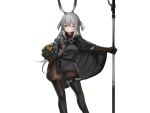  1girl ;) animal_ears arknights bangs black_cape black_dress black_footwear black_gloves black_pantyhose blush boots breasts cape closed_mouth contrapposto dokomon dress elbow_gloves feet_out_of_frame gloves grey_eyes grey_hair hand_on_hip highres holding holding_staff large_breasts long_hair looking_at_viewer one_eye_closed pantyhose rabbit_ears savage_(arknights) simple_background smile solo staff standing thigh_boots thigh_strap two_side_up very_long_hair white_background 