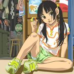  black_hair candy chupa_chups food green_eyes hair_bobbles hair_ornament legs lollipop long_legs motoi_hiroumi no_socks original panties polka_dot polka_dot_panties shoes shop shorts sitting solo thighs tongue twintails underwear upshorts white_panties 