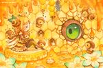  bee bee_girl beehive bug eyes flower green_eyes harukage honey honeycomb_(pattern) honeycomb_background insect insect_girl monster_girl original queen_bee thighhighs yellow 