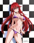  1girl ahoge bikini blush breasts checkered checkered_background commentary commentary_request erect_nipples green_eyes high_school_dxd huge_ahoge large_breasts long_hair looking_at_viewer mouth_hold mutou_keiji purple_bikini red_hair rias_gremory shiny shiny_skin solo standing sweat swimsuit 