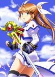  b-gata_h-kei brown_hair cosplay diesel-turbo fingerless_gloves gloves green_eyes long_hair looking_back lyrical_nanoha magical_girl mahou_shoujo_lyrical_nanoha_strikers raising_heart seiyuu_connection solo takamachi_nanoha takamachi_nanoha_(cosplay) tamura_yukari thighhighs twintails weapon yamada_(b-gata_h-kei) 