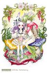  androgynous animal_ears bunny_ears character_request english flower food fruit grapes green_hair highres long_hair mushroom original purple_hair red_eyes sakurai_haruto scarf short_hair sitting traditional_media watercolor_(medium) yellow_eyes 