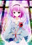  absurdres bad_id bad_pixiv_id breasts dress hairband heart highres komeiji_satori nekoman_(nukomann) pink_hair purple_eyes reflection short_hair small_breasts smile solo stained_glass touhou 