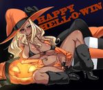  agawa_ryou bikini blonde_hair breasts bug butterfly candy dark_skin elbow_gloves food ganguro gloves gyaru halloween hat high_heels huge_breasts insect jack-o'-lantern jewelry lollipop long_hair navel navel_piercing original piercing pumpkin pussy shoes sitting solo swimsuit witch_hat 