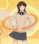  amagami animated animated_gif blinking bow bowtie brown_hair dancing grey_skirt hands_on_hips hypnotic kibito_high_school_uniform long_sleeves looping_animation lowres pleated_skirt sakurai_rihoko school_uniform skirt smile solo sweater 